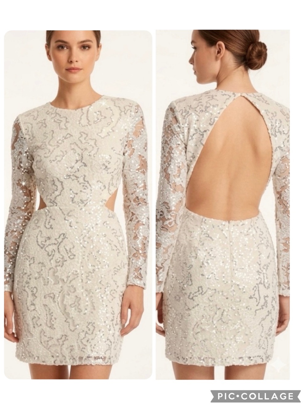 4Si3nna Sequin Off White Silver Backless Mini  Bodycon Dress M Cocktail Glam